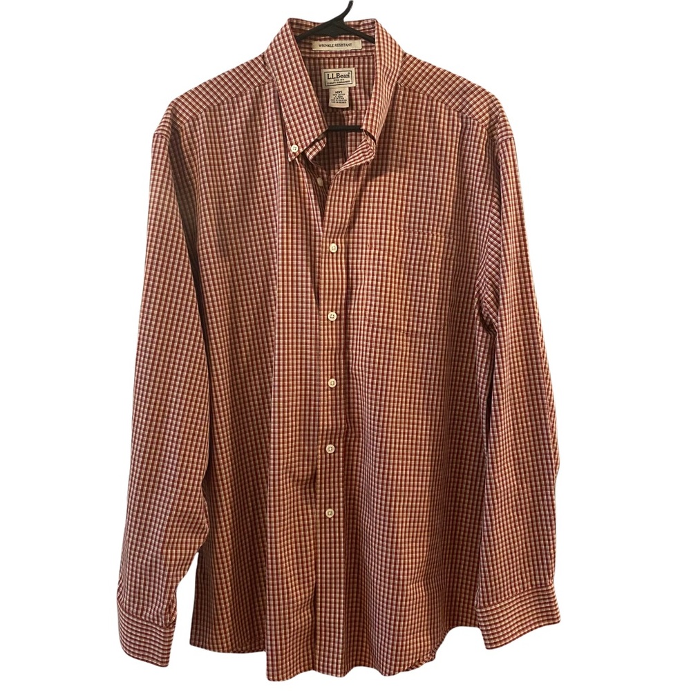 LL Bean Brick Red Wrinkle Resistant Checkered Cotton Button Down